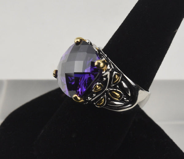 Silver and Gold Tone Ring with Large Checkerboard Faceted Purple Stone - Size 8.25