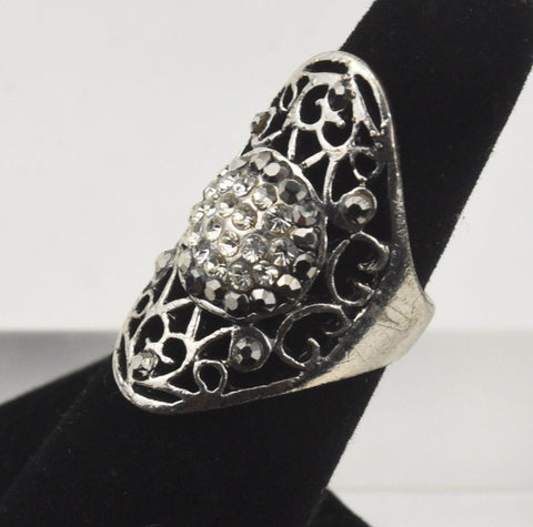 Filigree Pierced Finger Ring with Black and Clear Crystals - Size 5.25