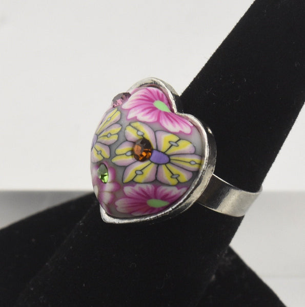 Adjustable Clay Flower Heart and Gems Ring - Size 6.5-10