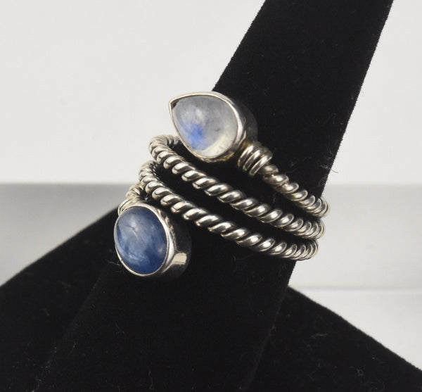 Rainbow Moonstone and Blue Kyanite Twisted Rope Ring - Size 8.5