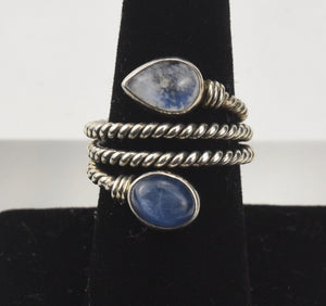 Rainbow Moonstone and Blue Kyanite Twisted Rope Ring - Size 8.5