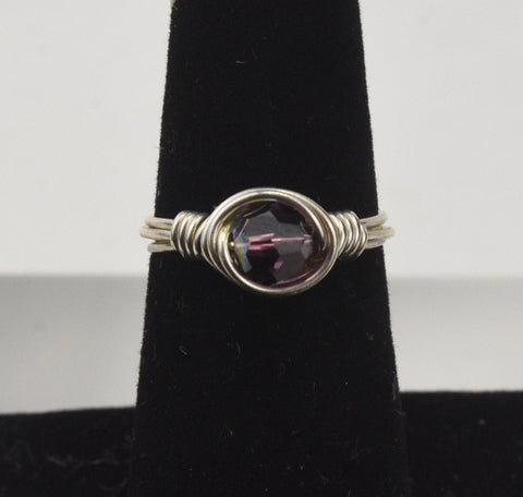 Silver Wire Wrapped Purple Bead Ring - Size 6