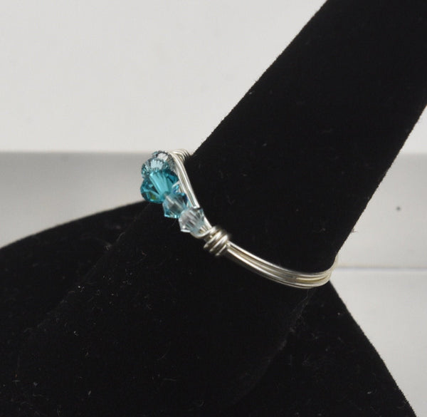 Silver Wire Wrapped Blue Beads Ring
