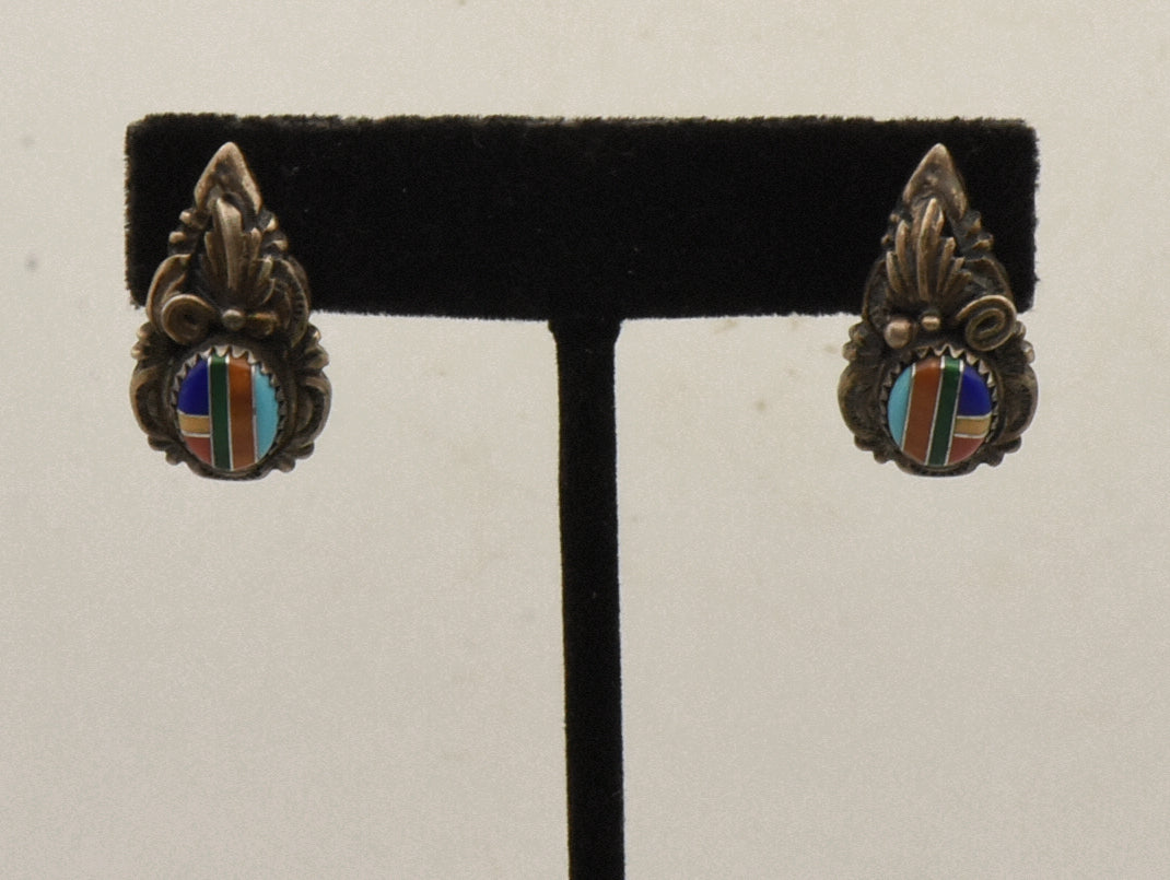 Vintage Ornate Silver Teardrop Inlaid Earrings
