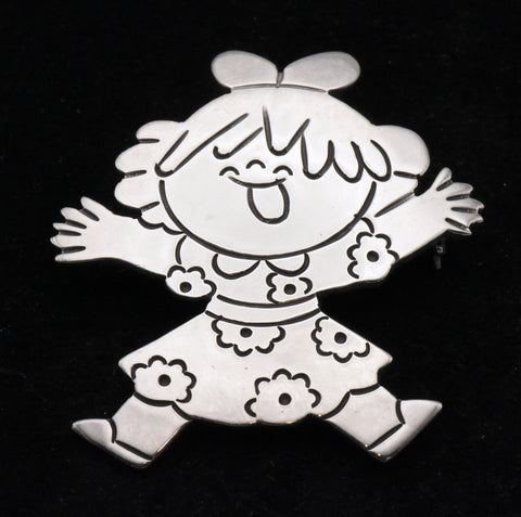 Sterling Silver Happy Jumping Little Girl Mexican Brooch/Pendant