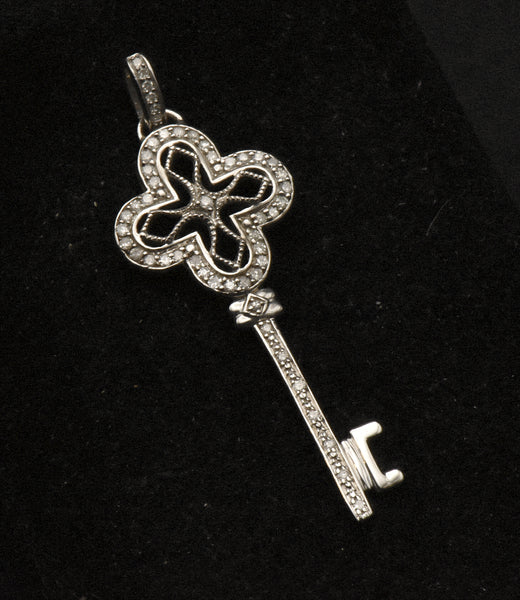 Sterling Silver and Diamonds Filigree Key Pendant