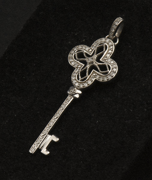 Sterling Silver and Diamonds Filigree Key Pendant