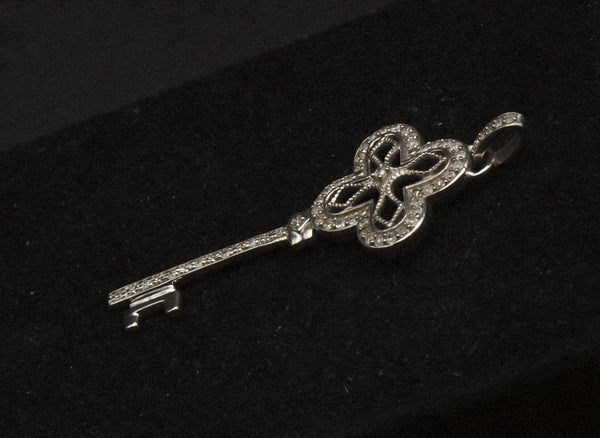 Sterling Silver and Diamonds Filigree Key Pendant