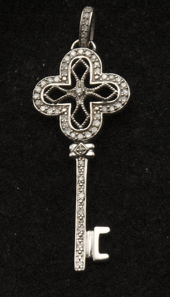 Sterling Silver and Diamonds Filigree Key Pendant