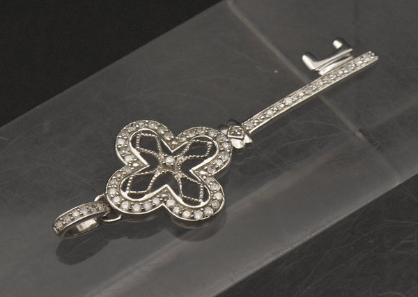 Sterling Silver and Diamonds Filigree Key Pendant