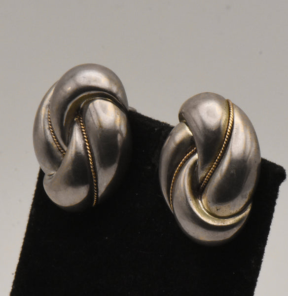 Vintage Sterling Silver and 14K Gold Knot Omega Back Earrings - READ DESCRIPTION