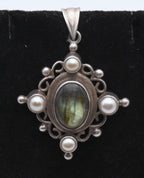 Vintage Sterling Silver Labradorite and Pearl Pendant
