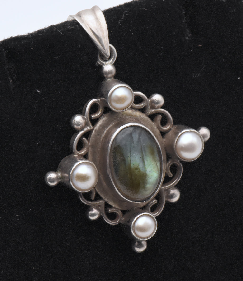 Vintage Sterling Silver Labradorite and Pearl Pendant