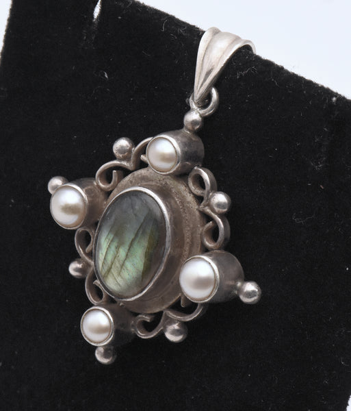 Vintage Sterling Silver Labradorite and Pearl Pendant