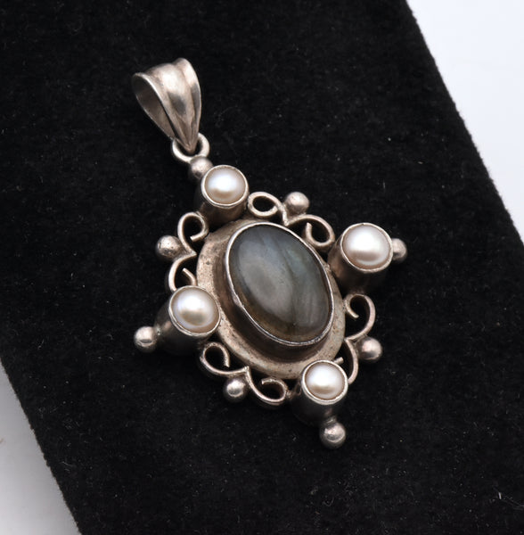 Vintage Sterling Silver Labradorite and Pearl Pendant