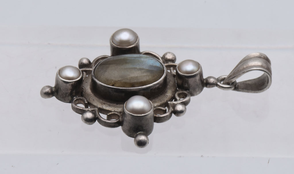 Vintage Sterling Silver Labradorite and Pearl Pendant