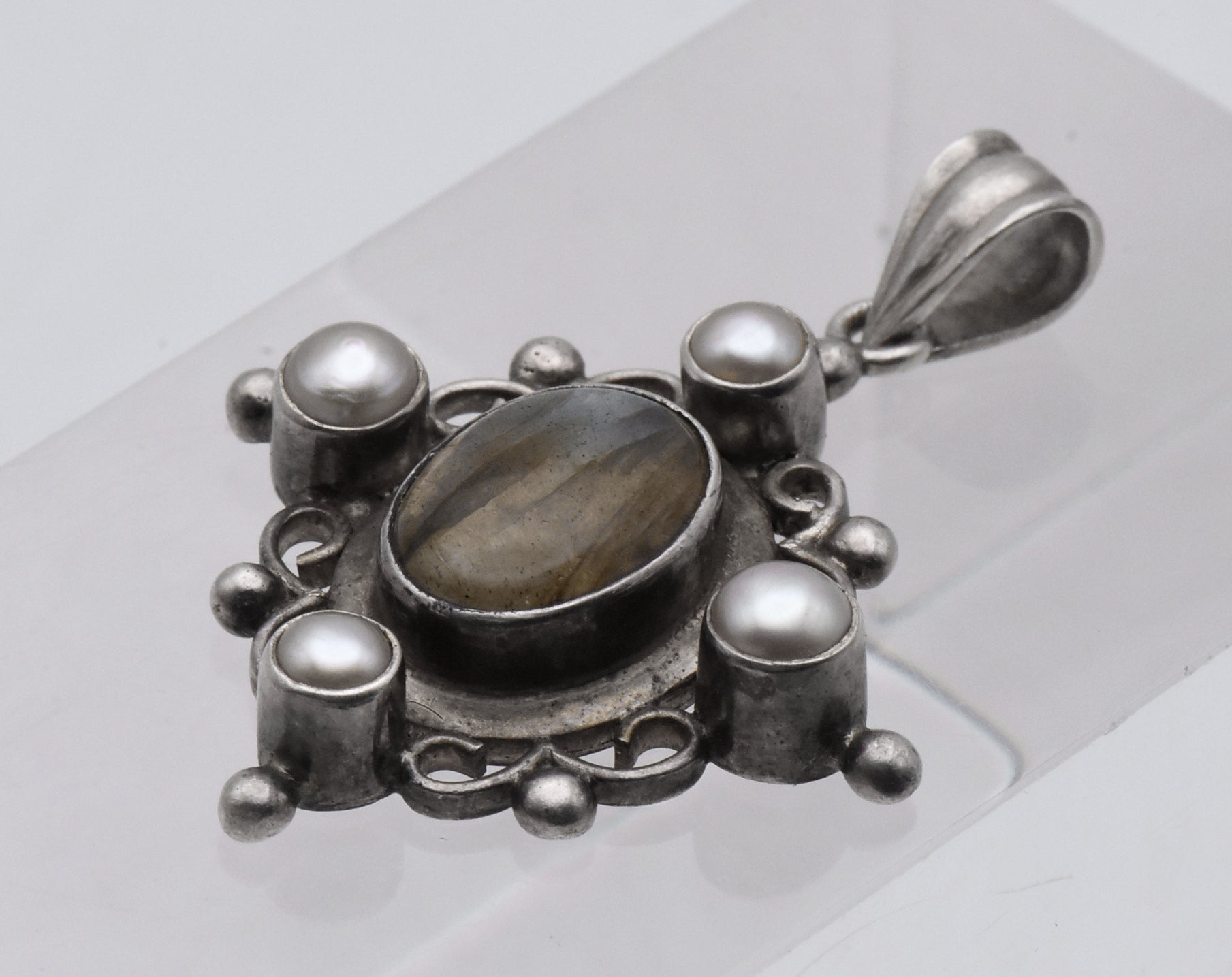 Vintage Sterling Silver Labradorite and Pearl Pendant