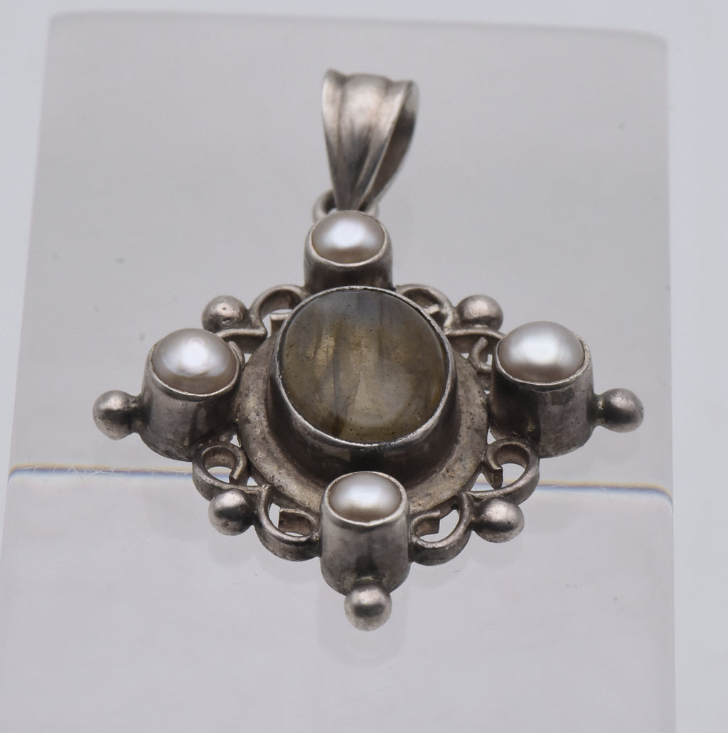Vintage Sterling Silver Labradorite and Pearl Pendant