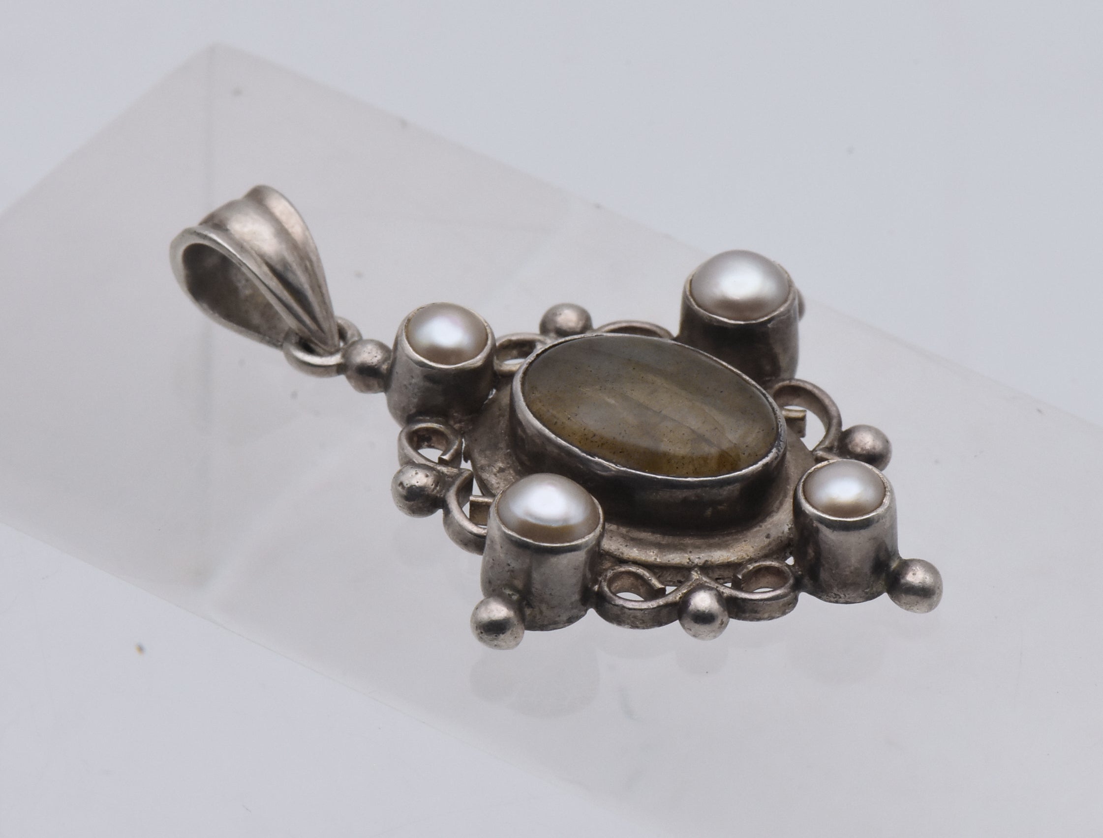 Vintage Sterling Silver Labradorite and Pearl Pendant
