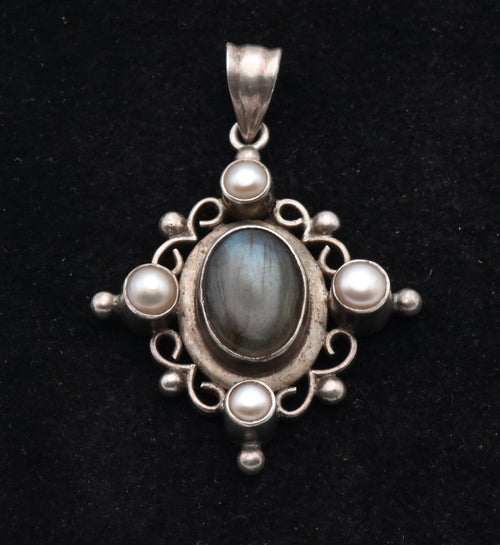 Vintage Sterling Silver Labradorite and Pearl Pendant