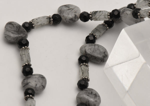 Black Tourmalinated Quartz Carved Leaf Pendant on Black Tourmalinated Beaded Necklace