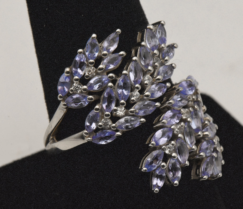 Vintage Sterling Silver Tanzanite and Topaz Bypass Ring - Size 9+