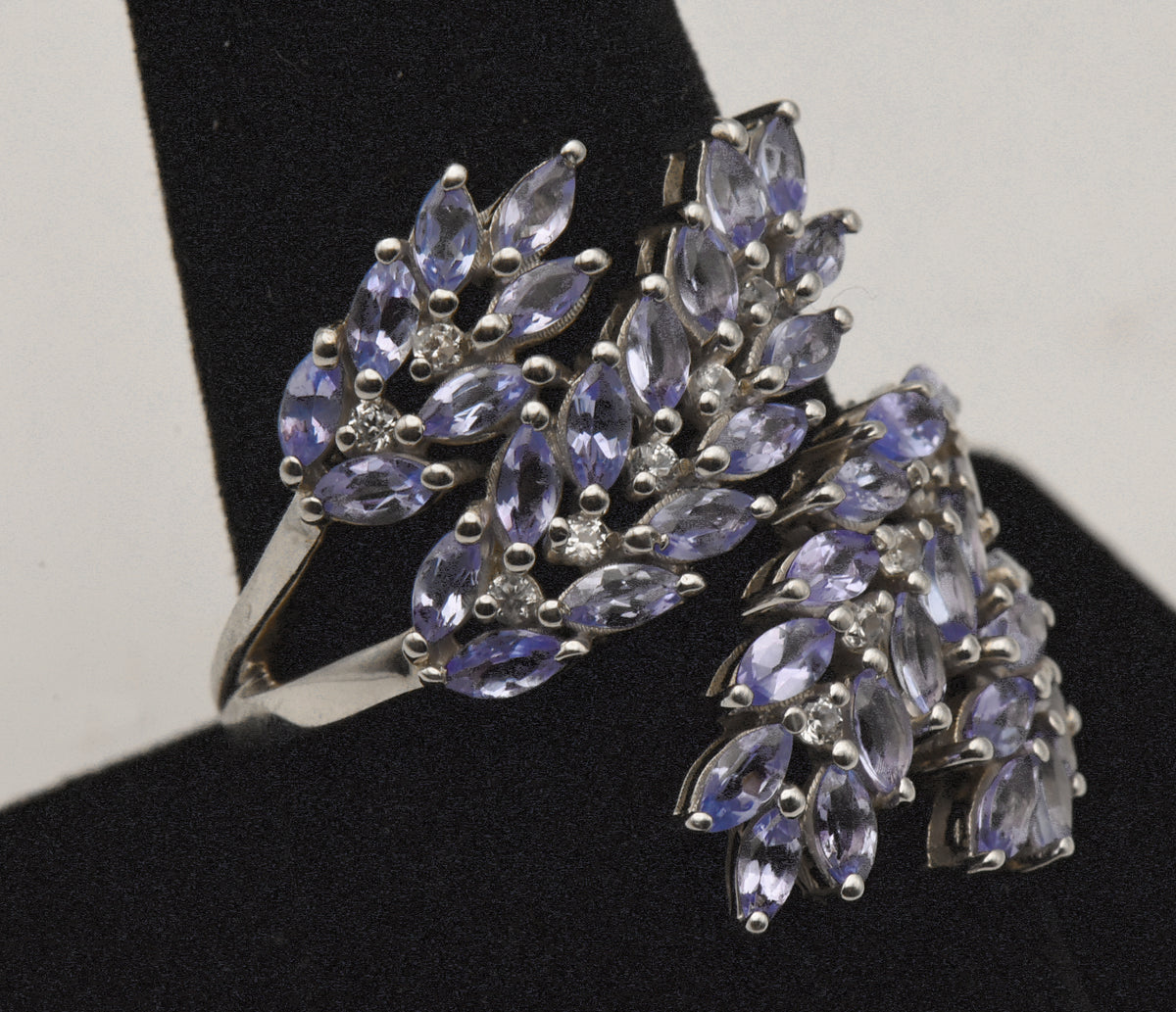 Vintage Sterling Silver Tanzanite and Topaz Bypass Ring - Size 9+