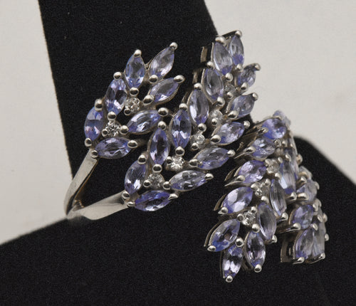 Vintage Sterling Silver Tanzanite and Topaz Bypass Ring - Size 9+