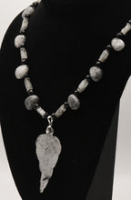 Black Tourmalinated Quartz Carved Leaf Pendant on Black Tourmalinated Beaded Necklace