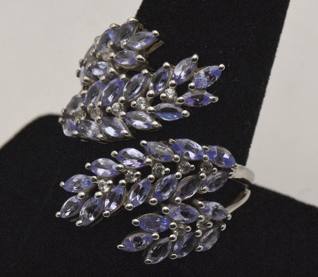 Vintage Sterling Silver Tanzanite and Topaz Bypass Ring - Size 9+
