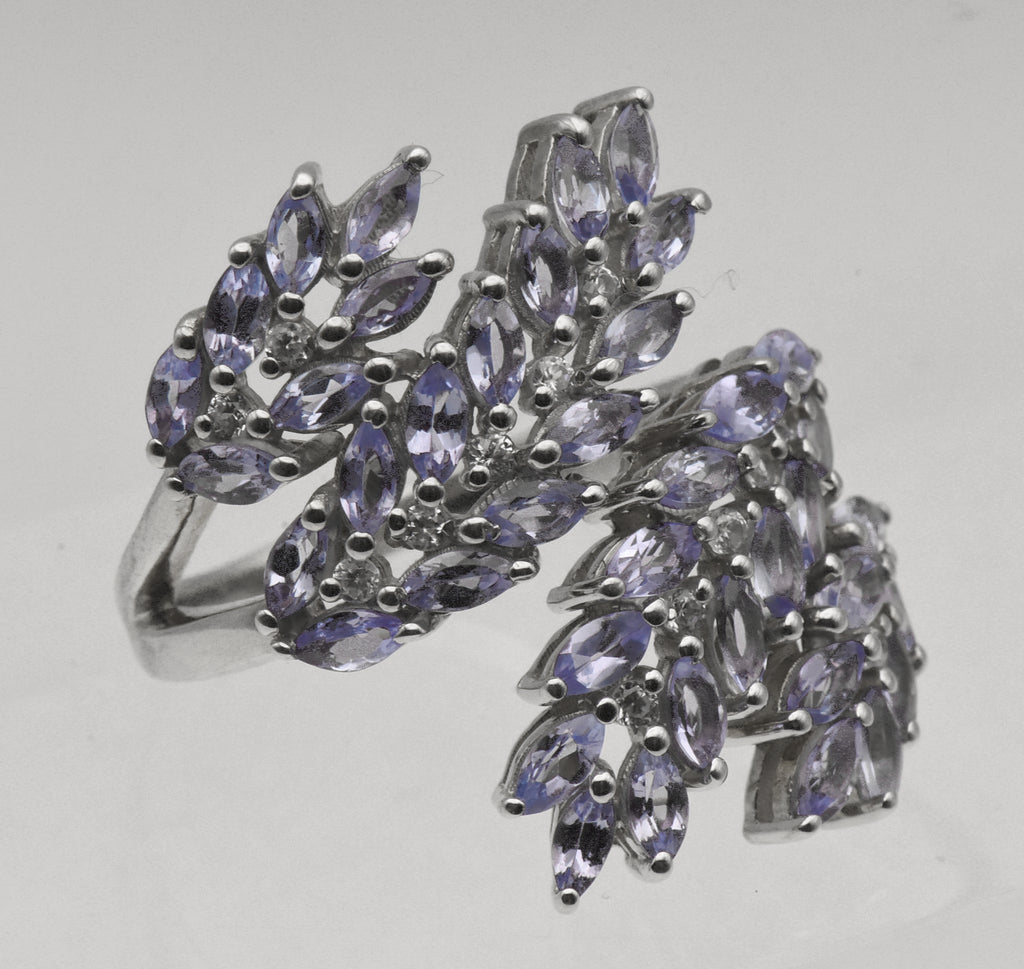 Vintage Sterling Silver Tanzanite and Topaz Bypass Ring - Size 9+