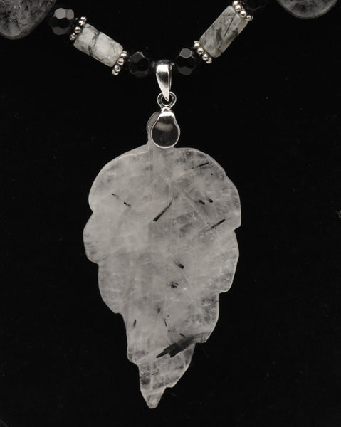 Black Tourmalinated Quartz Carved Leaf Pendant on Black Tourmalinated Beaded Necklace