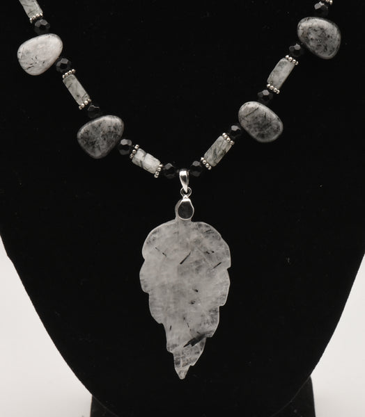 Black Tourmalinated Quartz Carved Leaf Pendant on Black Tourmalinated Beaded Necklace