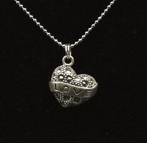 Vintage Sterling Silver and Marcasite Heart Pendant on Stainless Steel Chain Necklace - 16"