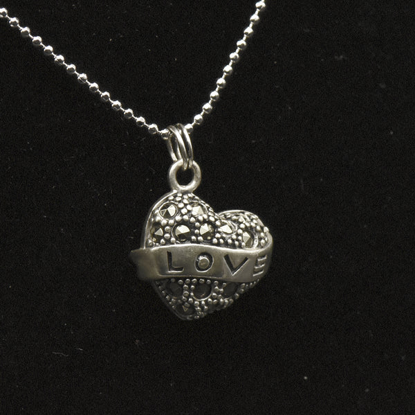 Vintage Sterling Silver and Marcasite Heart Pendant on Stainless Steel Chain Necklace - 16"