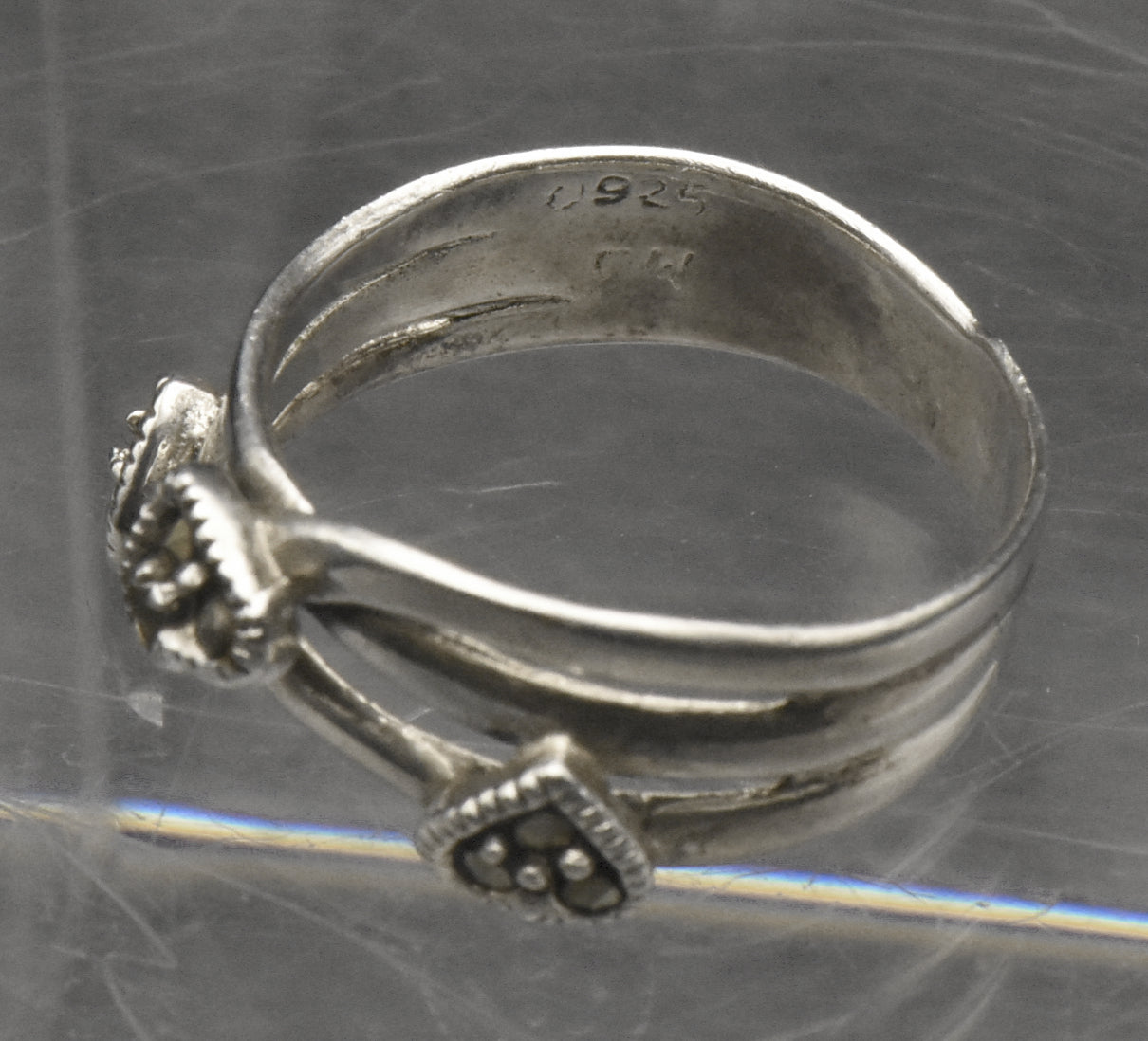 Vintage Sterling Silver and Marcasite Hearts Ring - Size 6