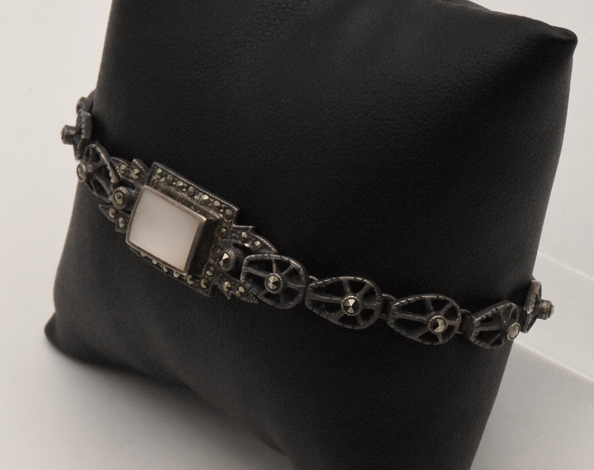 Vintage Sterling Silver Mother of Pearl and Marcasite Bracelet