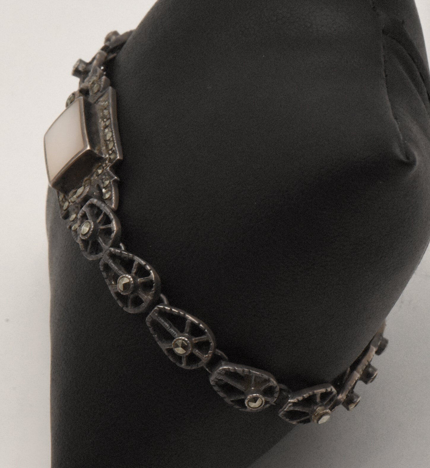Vintage Sterling Silver Mother of Pearl and Marcasite Bracelet