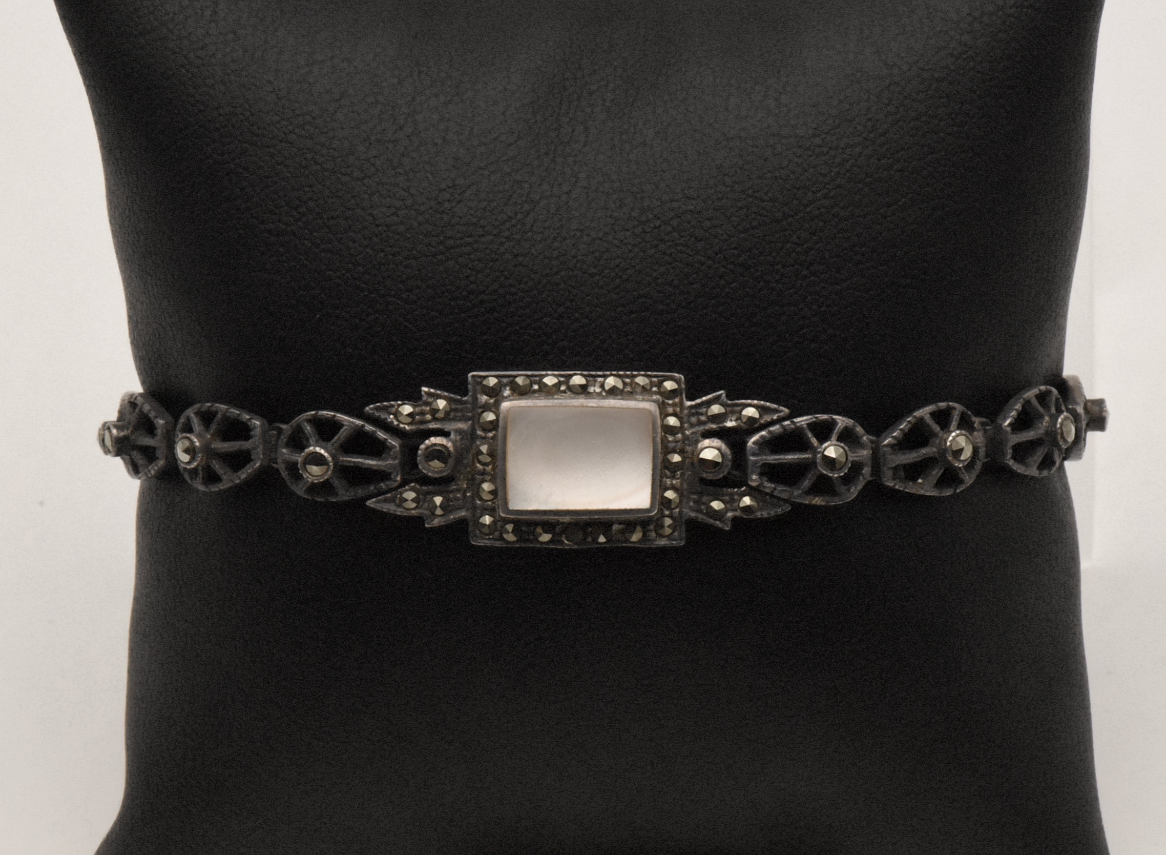 Vintage Sterling Silver Mother of Pearl and Marcasite Bracelet