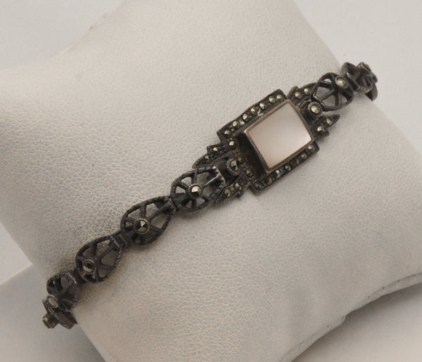 Vintage Sterling Silver Mother of Pearl and Marcasite Bracelet