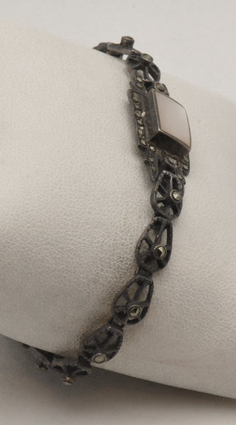 Vintage Sterling Silver Mother of Pearl and Marcasite Bracelet
