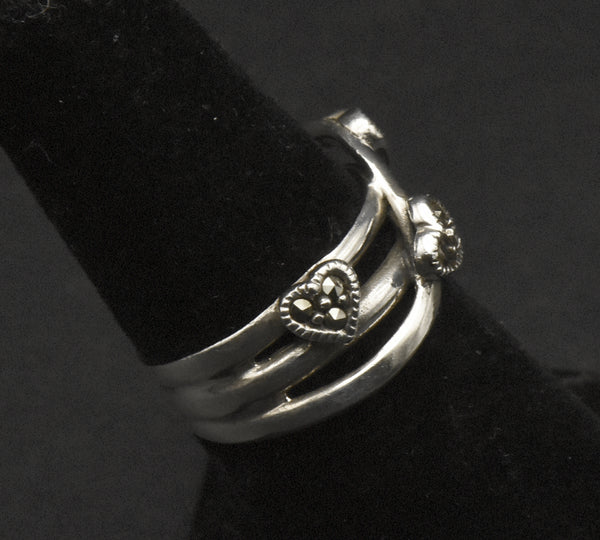 Vintage Sterling Silver and Marcasite Hearts Ring - Size 6