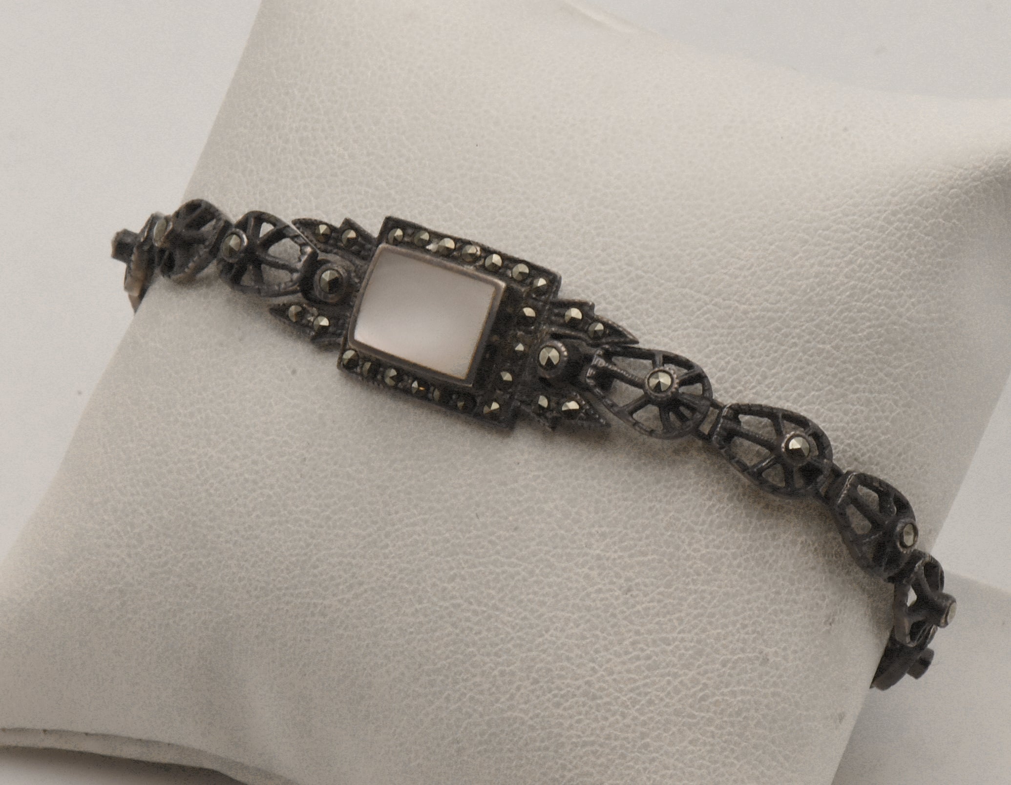 Vintage Sterling Silver Mother of Pearl and Marcasite Bracelet