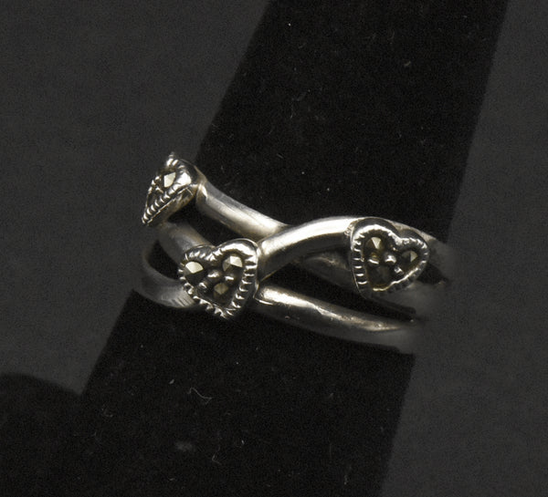 Vintage Sterling Silver and Marcasite Hearts Ring - Size 6