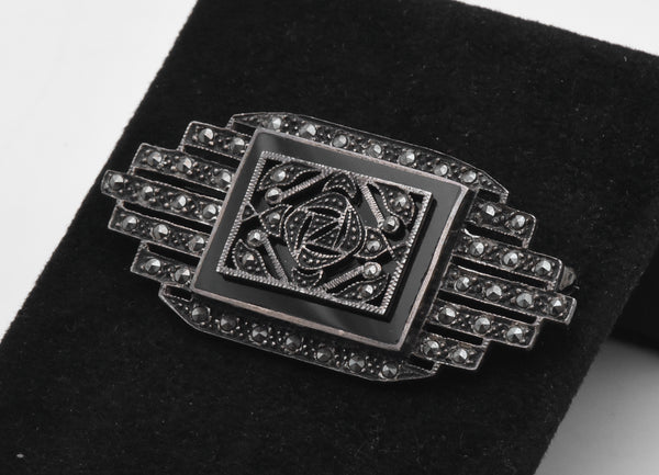 Vintage Art Deco Sterling Silver Black Onyx and Marcasite Brooch