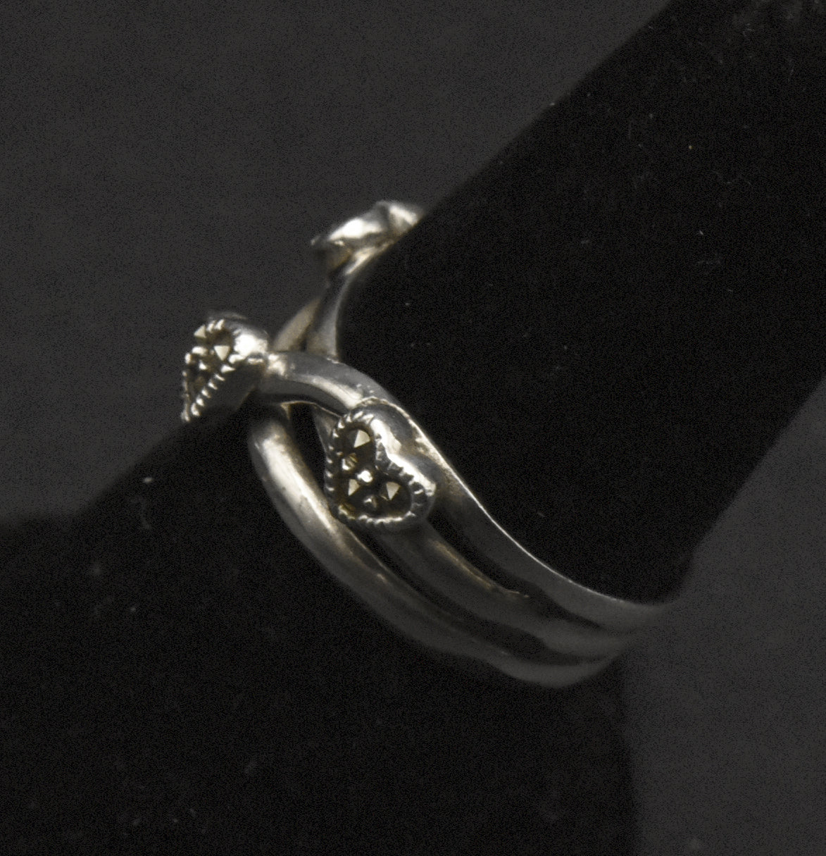 Vintage Sterling Silver and Marcasite Hearts Ring - Size 6
