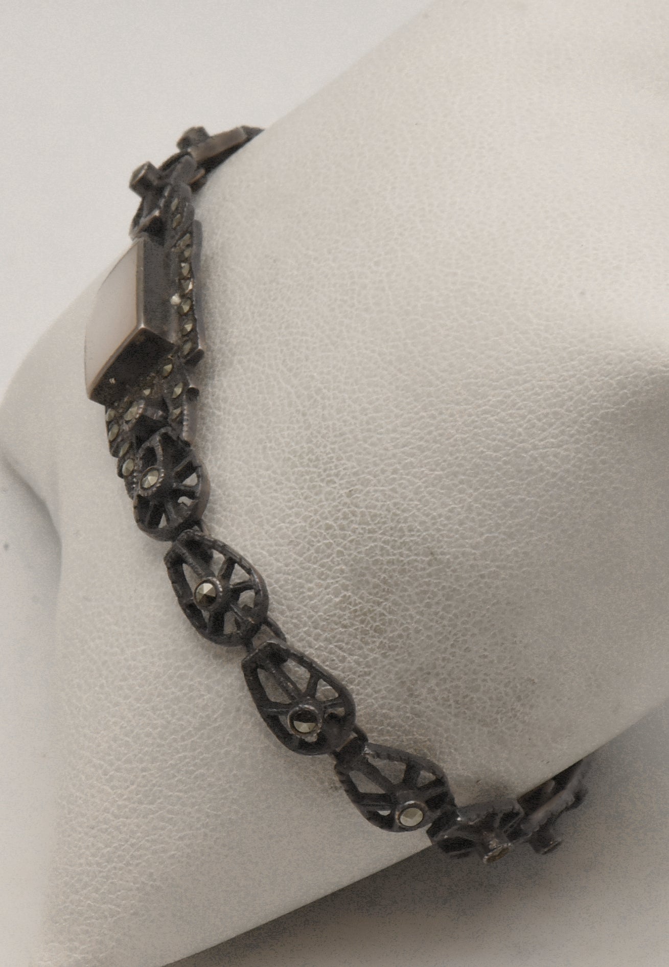 Vintage Sterling Silver Mother of Pearl and Marcasite Bracelet