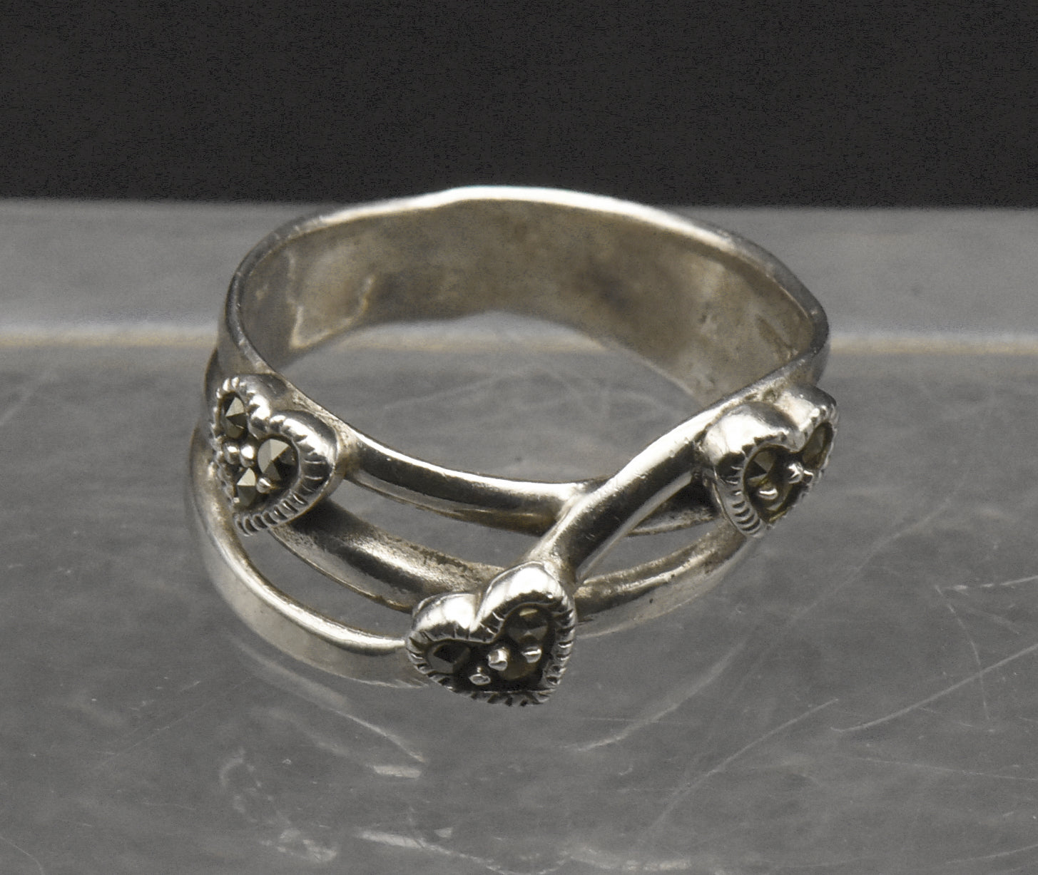 Vintage Sterling Silver and Marcasite Hearts Ring - Size 6