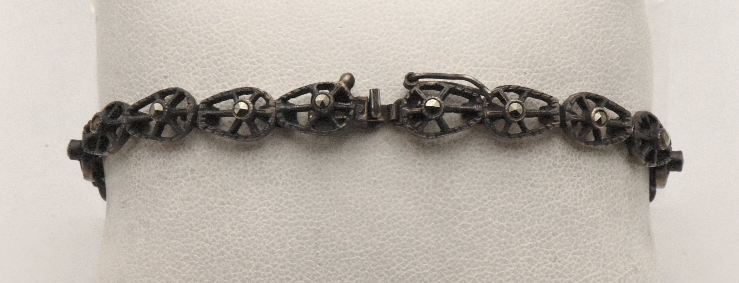 Vintage Sterling Silver Mother of Pearl and Marcasite Bracelet
