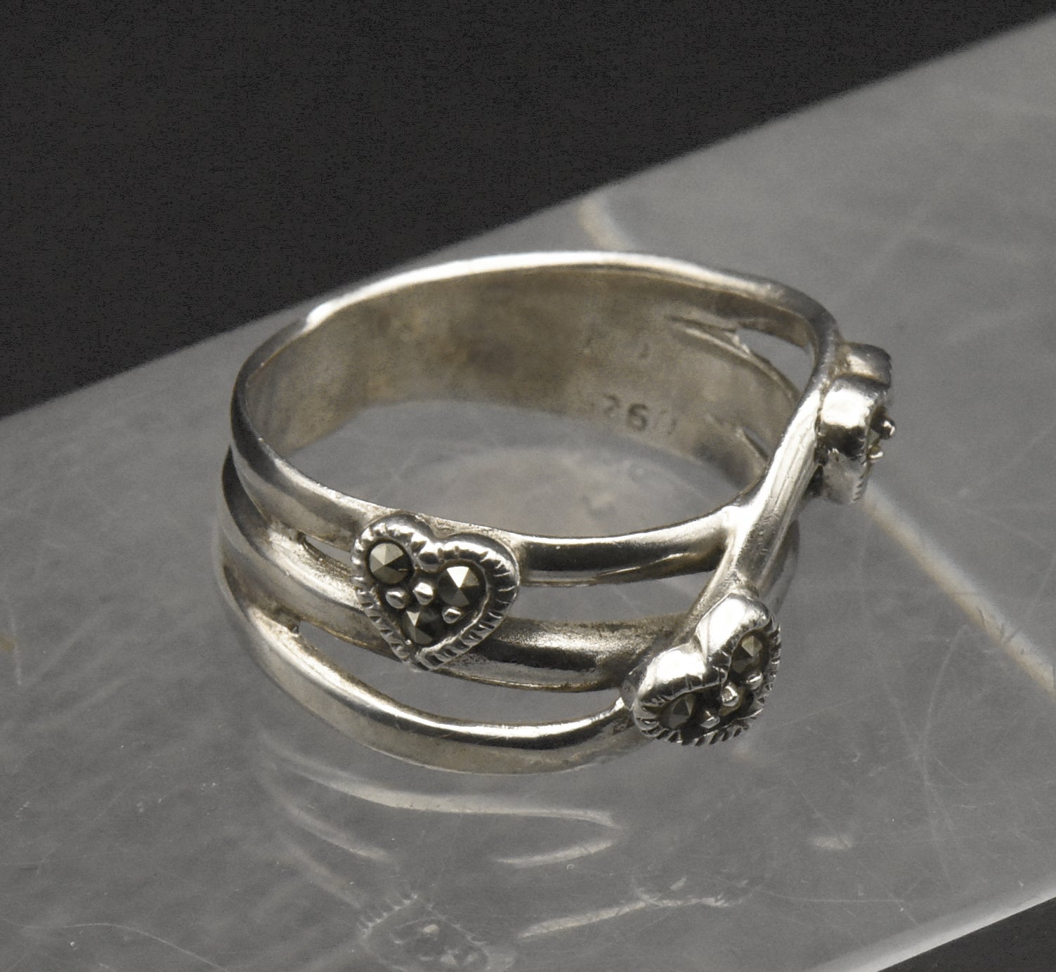 Vintage Sterling Silver and Marcasite Hearts Ring - Size 6